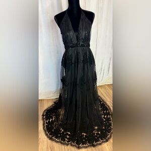NWT Windsor Black Formal Velvet Flocked Maxi Dress Large